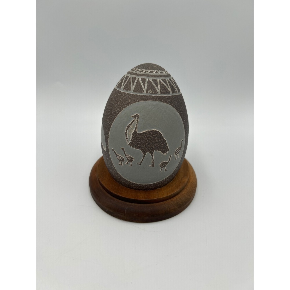 Hand Carved Emu Egg Art Etched Australian Wildlife Tribal Design with Wood Stand